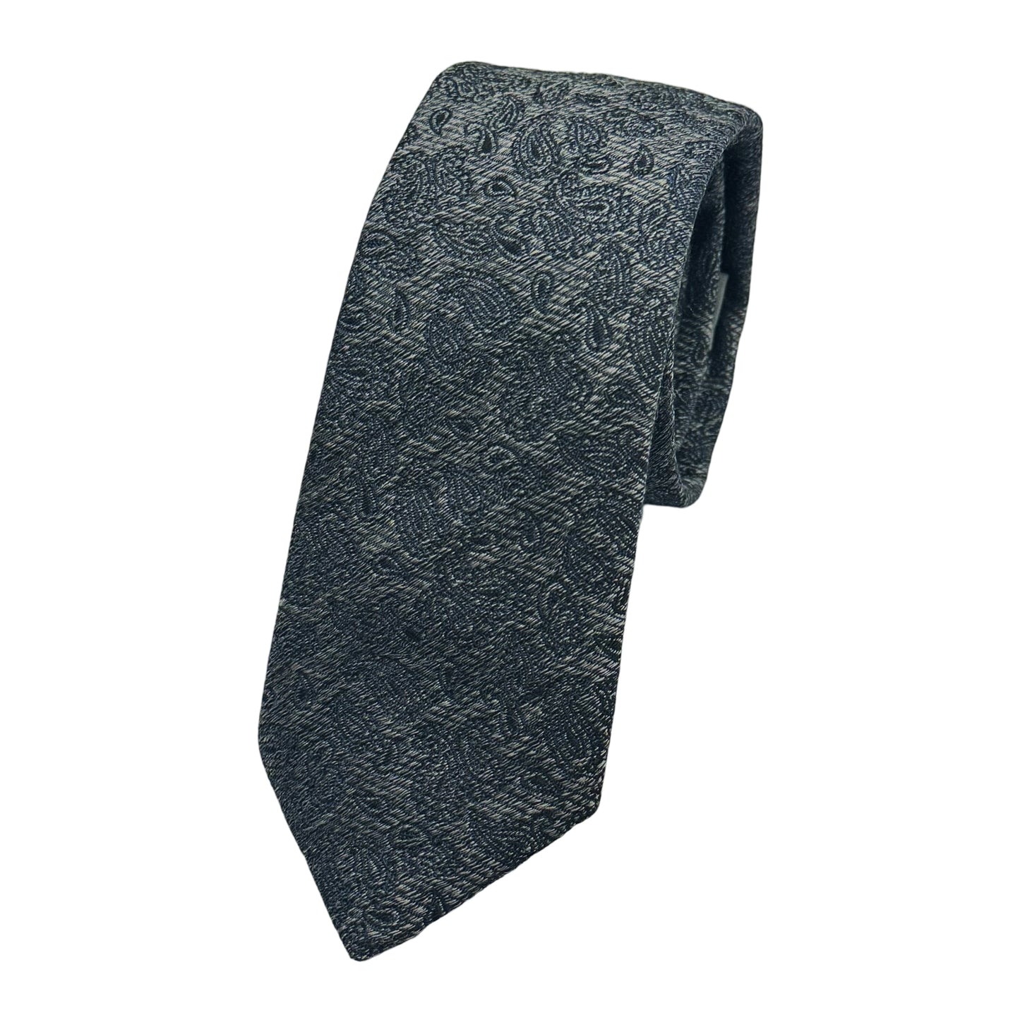 Grey Italian Mens Wool Blend Heavy Twill Paisley Weave Skinny Neck Ties