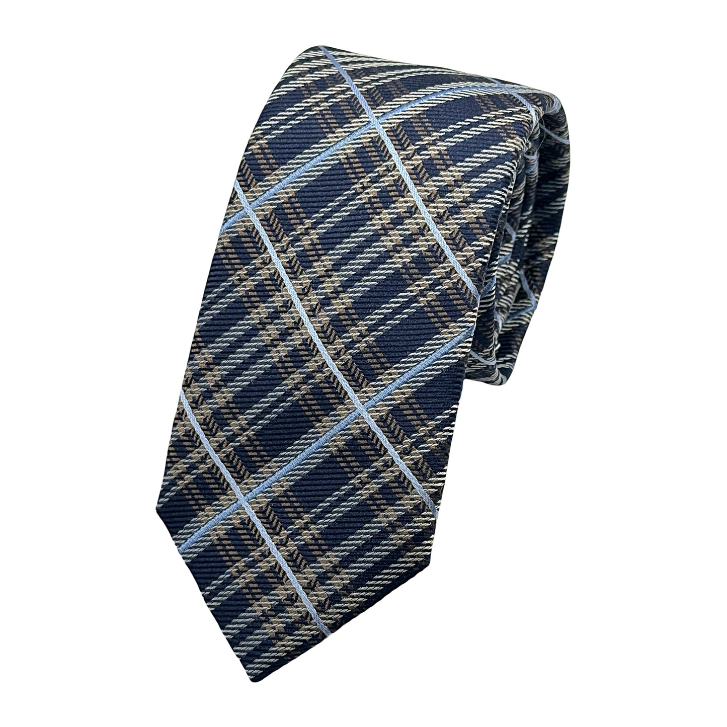 Navy/Brown Italian Mens Silk Check Weave Neck Tie