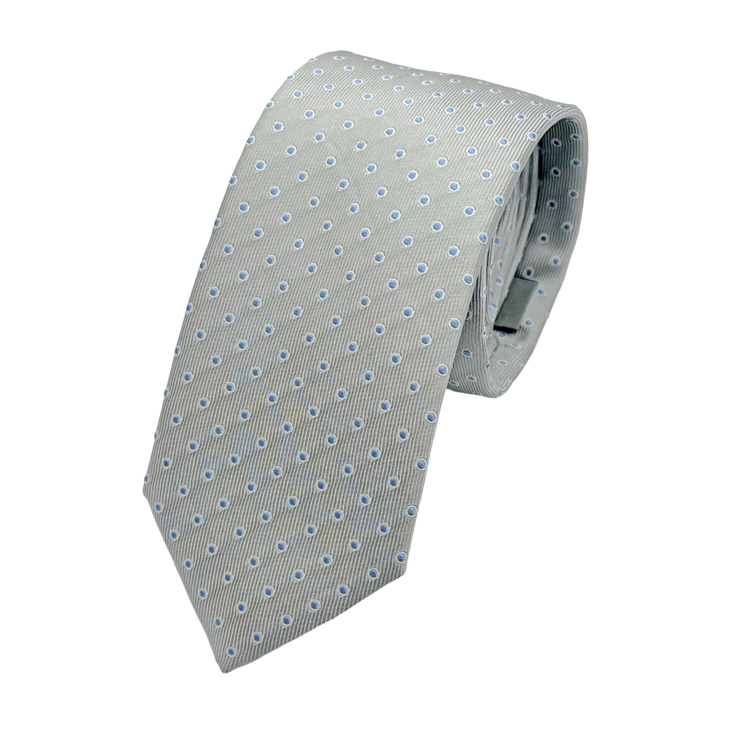 Silver Italian Mens Silk Spotted Twill Weave Skinny Neck Tie