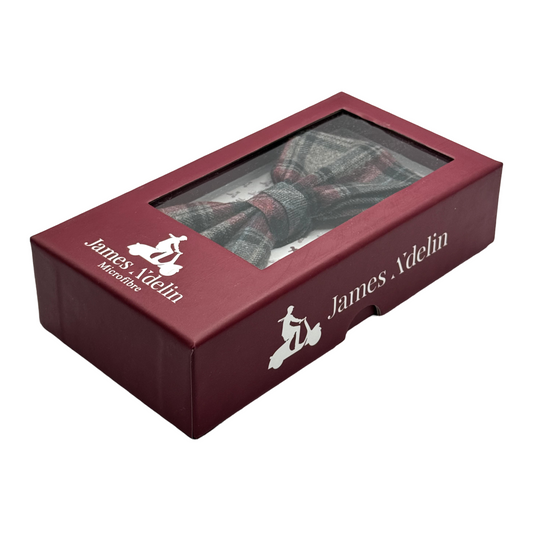 Grey/Burgundy Mens Luxury Soft Wool Effect Tartan Weave Bow Tie