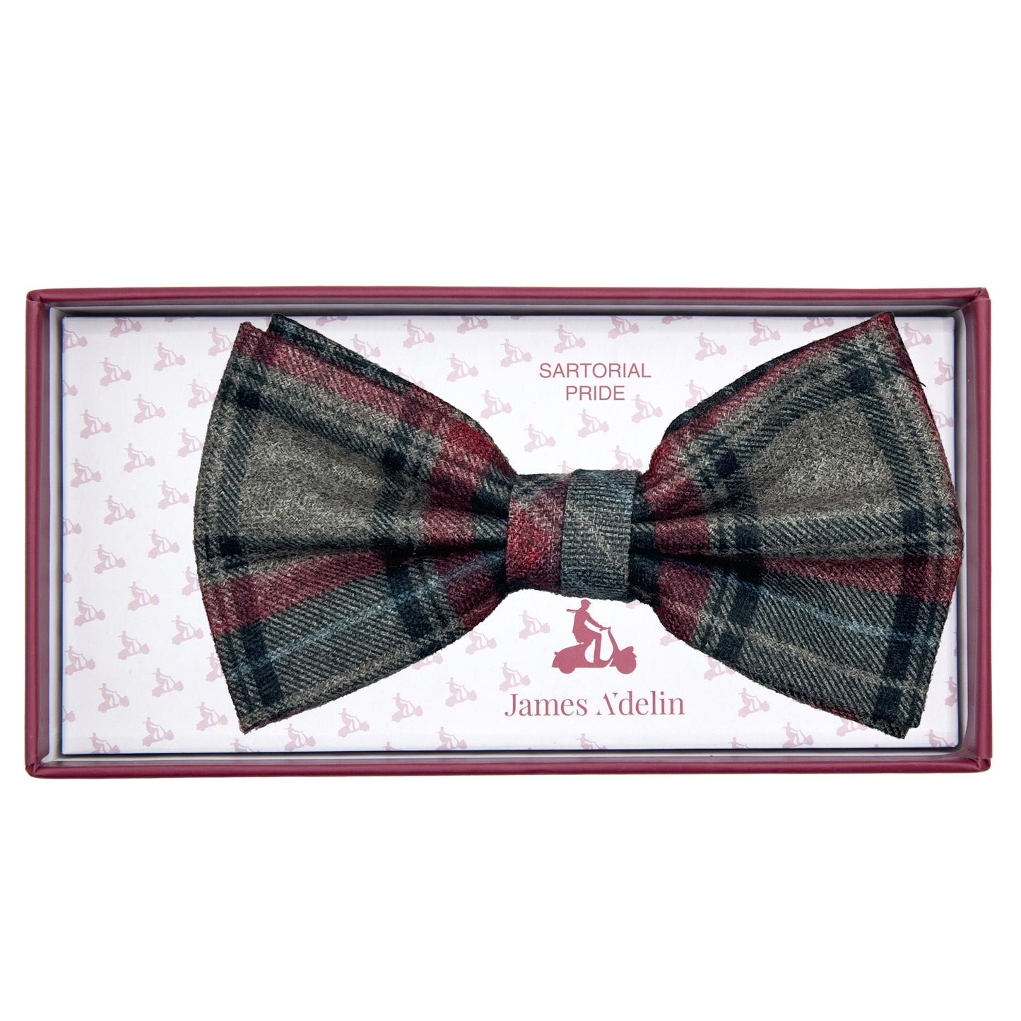 Grey/Burgundy Mens Luxury Soft Wool Effect Tartan Weave Bow Tie