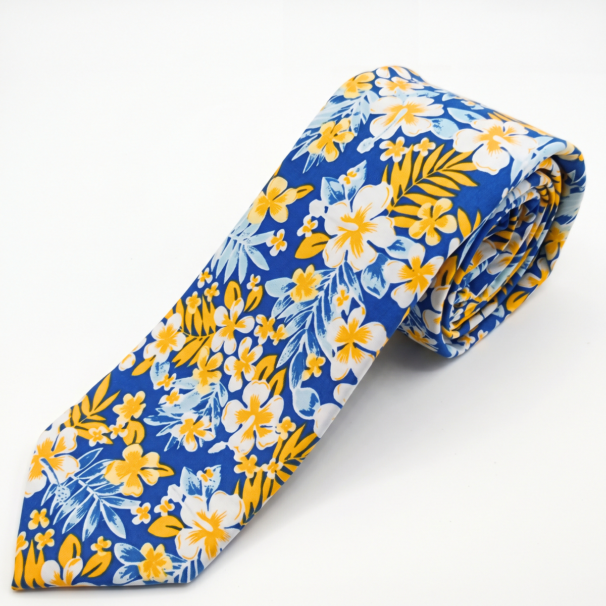 Hawaiian Hibiscus Cotton Tie – Sunburst Yellow & Royal Blue