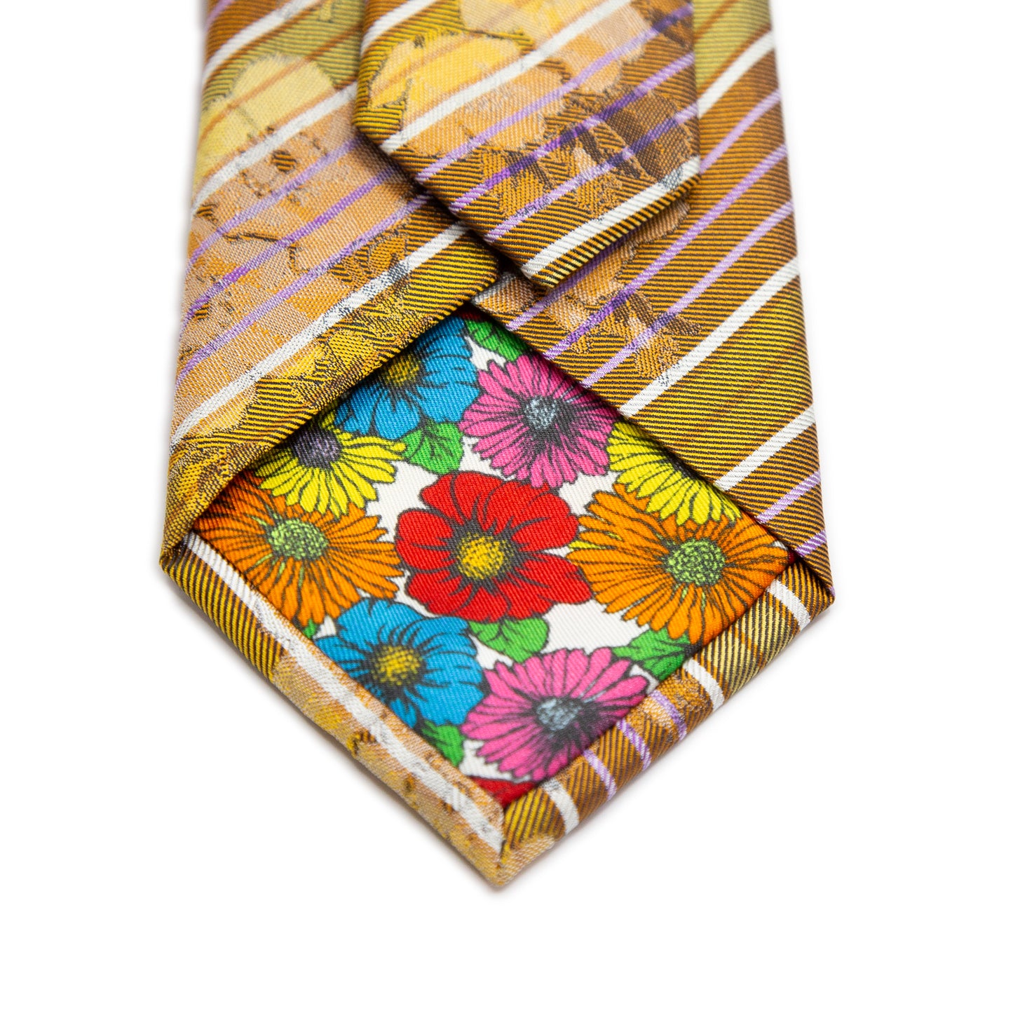 Gold/Orange Mens Italian Striped Floral Silk Neck Tie