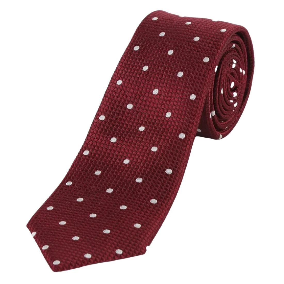 Burgundy/White Pure Silk Polka Dot Square Weave Neck Tie