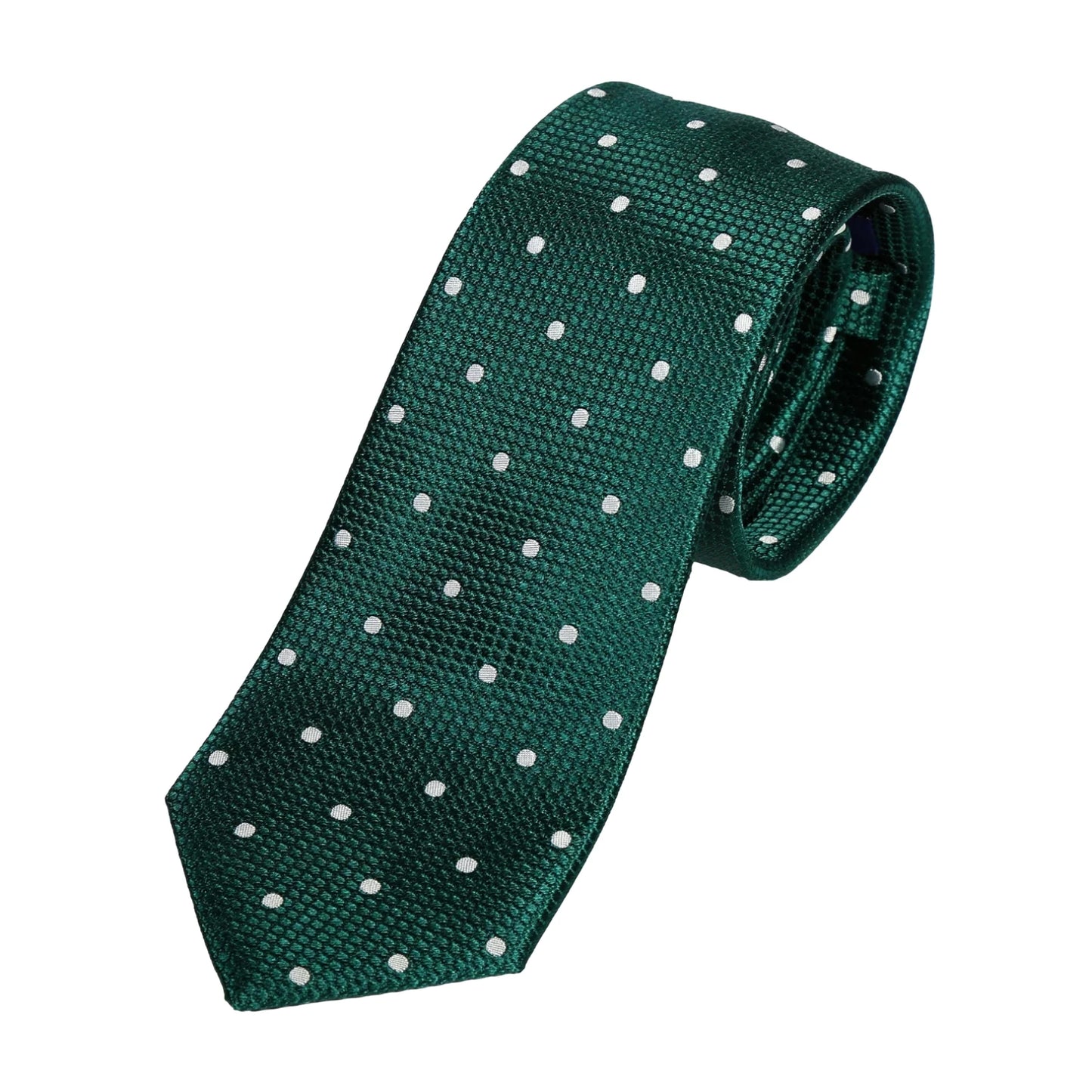 Dark Green/White Pure Silk Polka Dot Square Weave Neck Tie