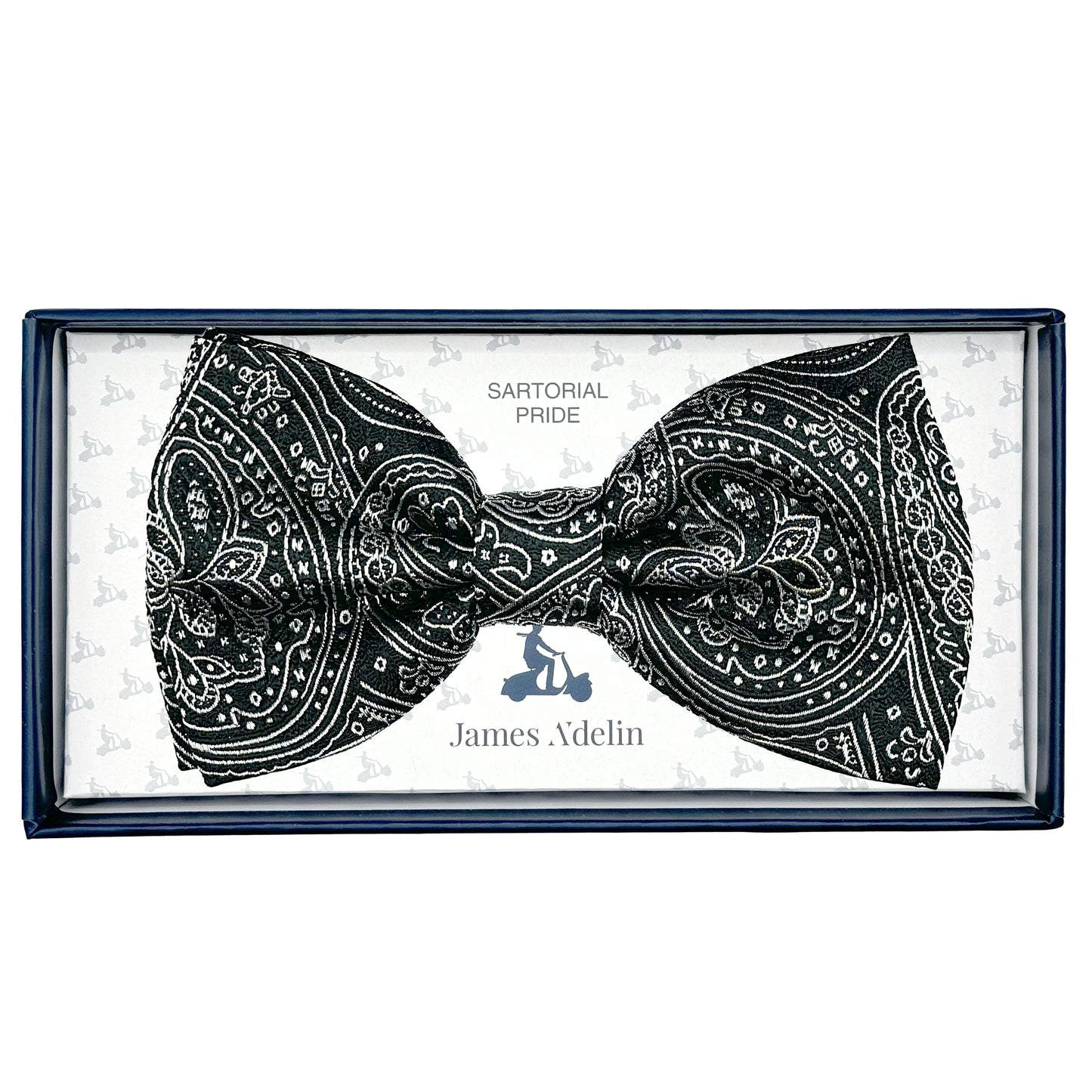 Black/Silver Italian Luxury Mens Silk Paisley Weave Pre-Tied Bow Tie