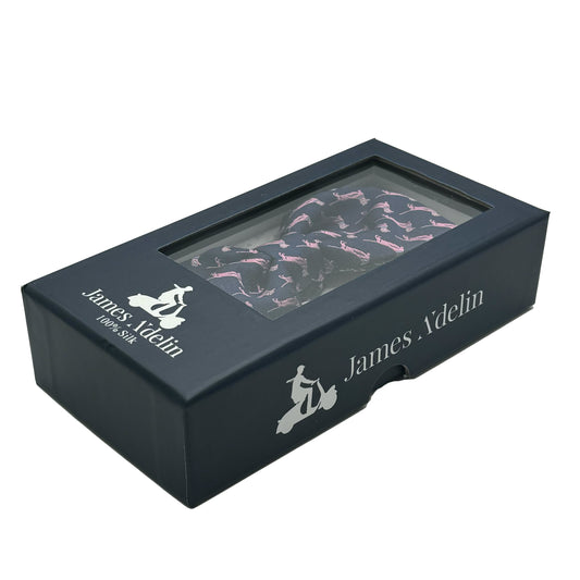 Navy/Pink Italian Mens Silk Textured Dog Motif Weave Pre-Tied Bow Tie