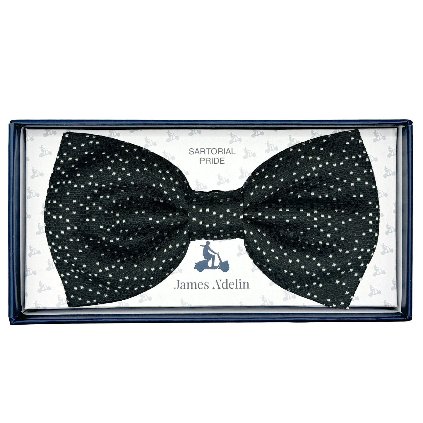 Black/White Italian Mens Silk Textured Spotted Weave Pre-Tied Bow Tie