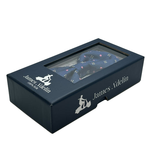 Navy/Pink Italian Mens Silk Textured Spotted Motif Weave Pre-Tied Bow Ties