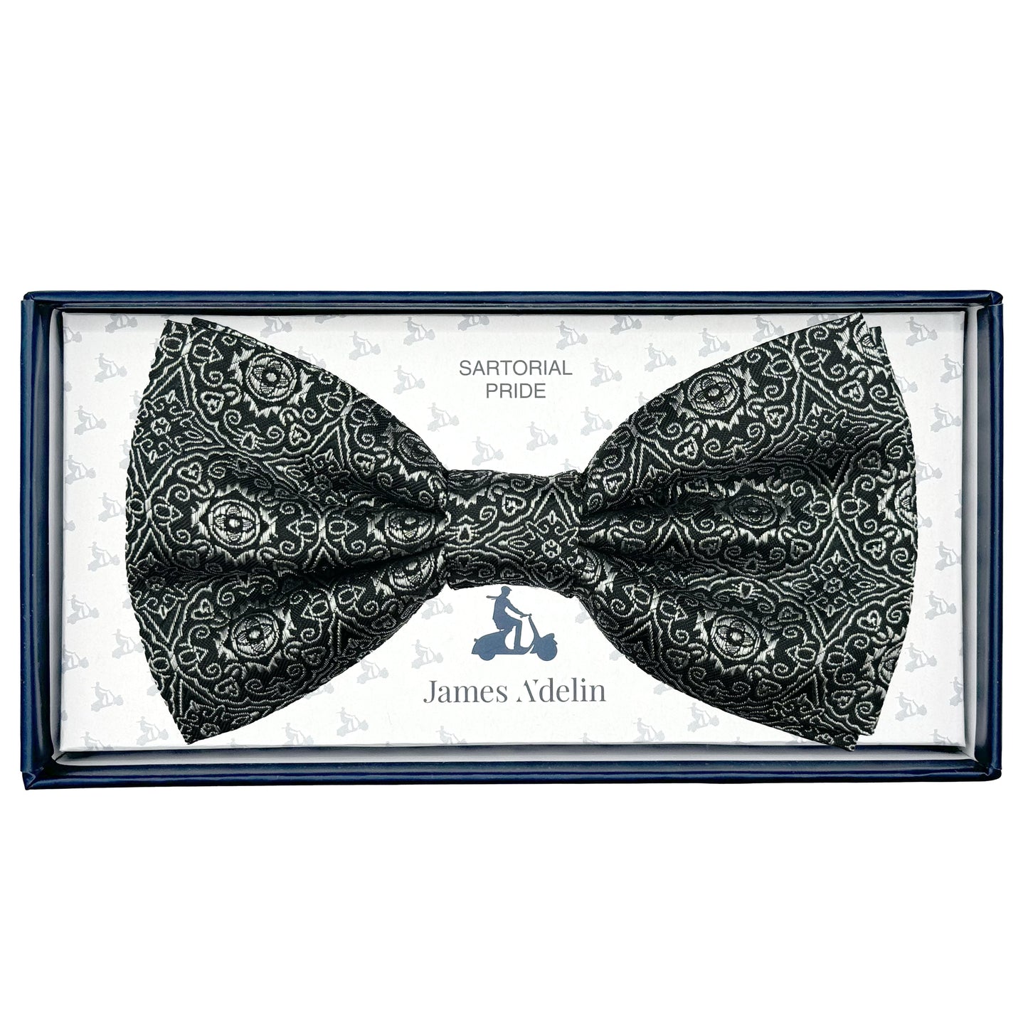 Black/Silver Italian Mens Silk Vintage Geometric Weave Pre-Tied Bow Tie
