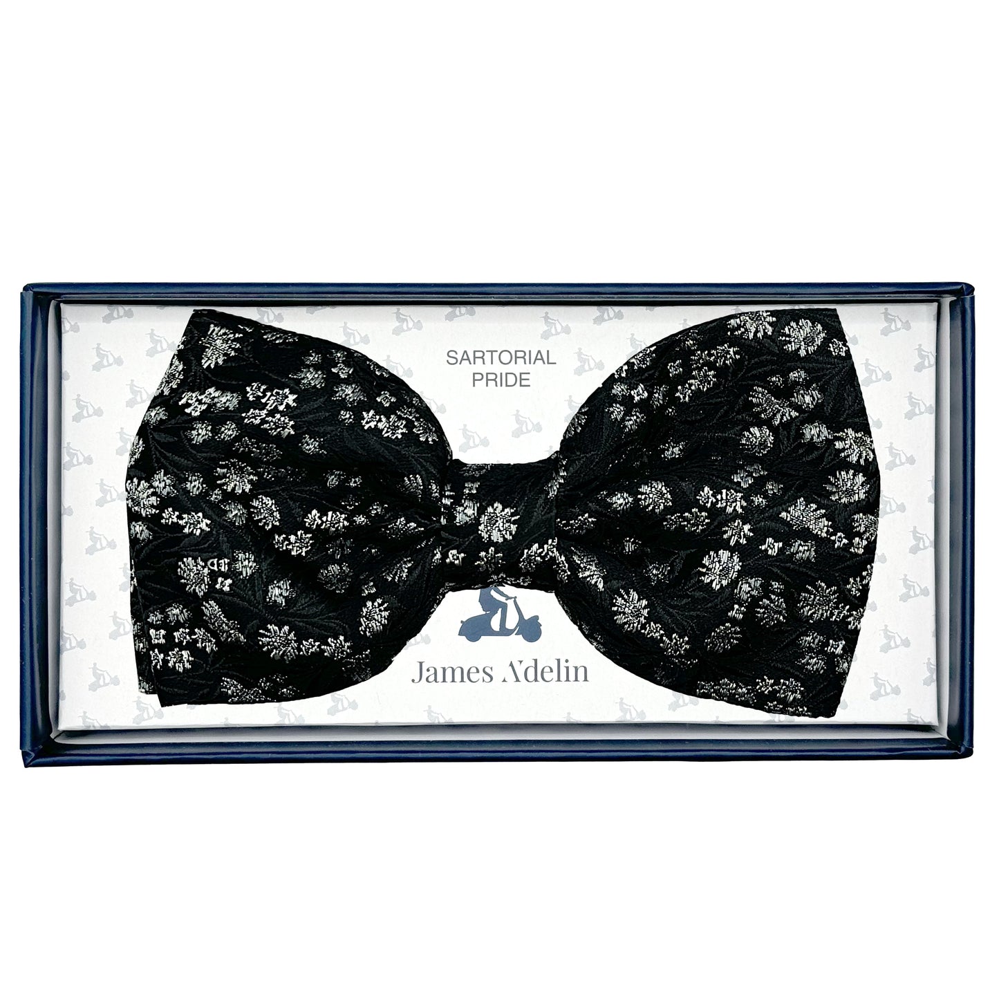 Black/Grey Italian Luxury Mens Silk Textured Mini Floral Weave Pre-Tied Bow Tie