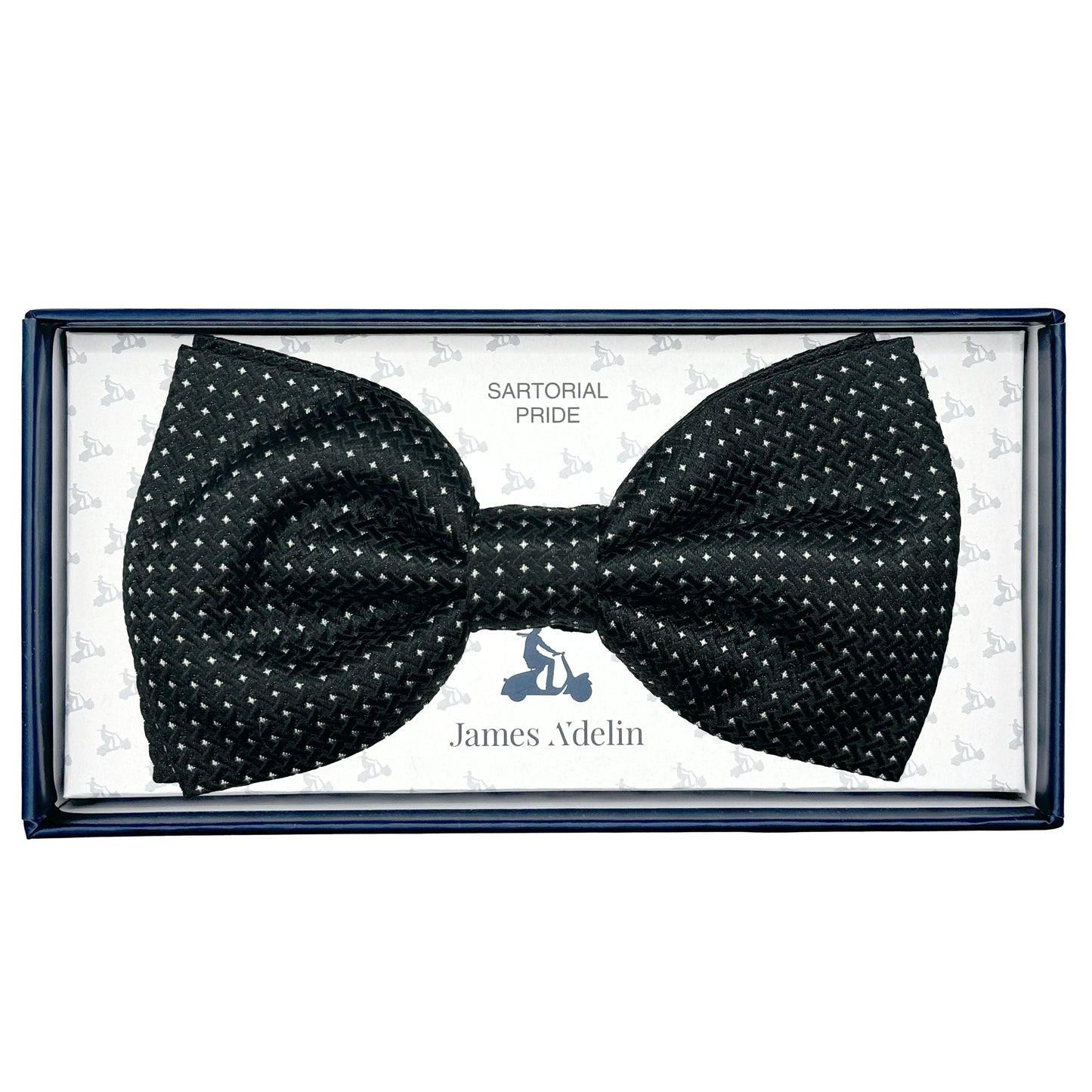 Black Italian Luxury Mens Silk Textured Mini Spotted Weave Pre-Tied Bow Tie