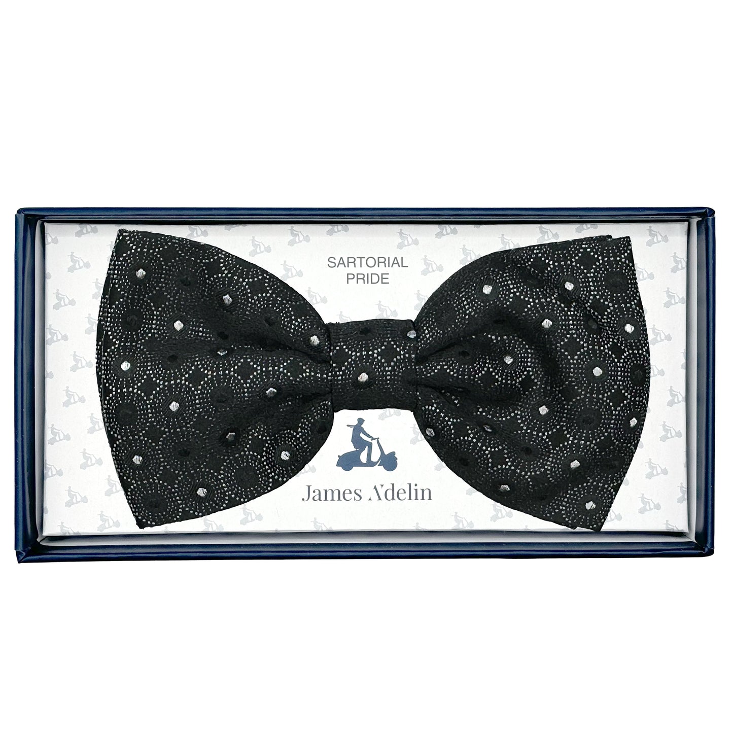 Black/Grey Italian Luxury Mens Silk Spotted Geometric Weave Pre-Tied Bow Tie