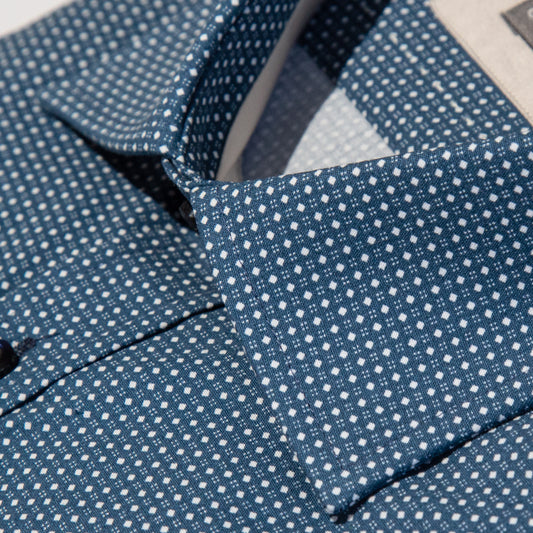 Slate Blue Pure Cotton Spotted Geometric Long Sleeve Shirt