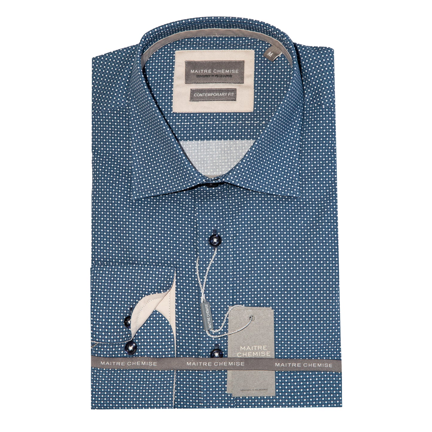 Slate Blue Pure Cotton Spotted Geometric Long Sleeve Shirt