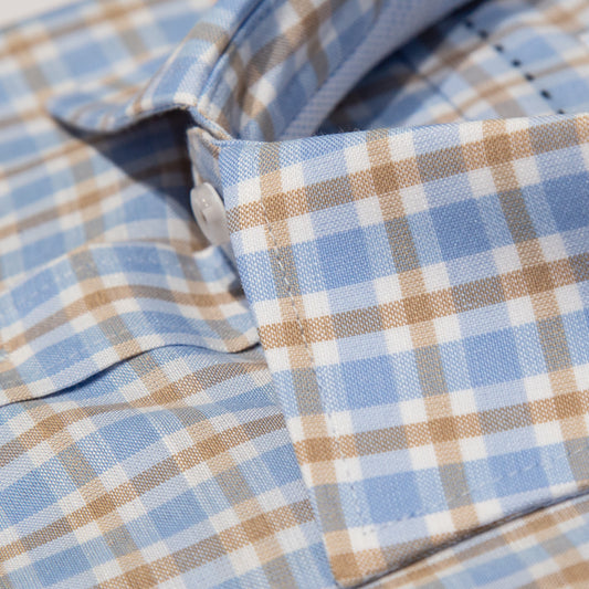 Sky Blue/Tan Cotton Rich Check Long Sleeve Shirt