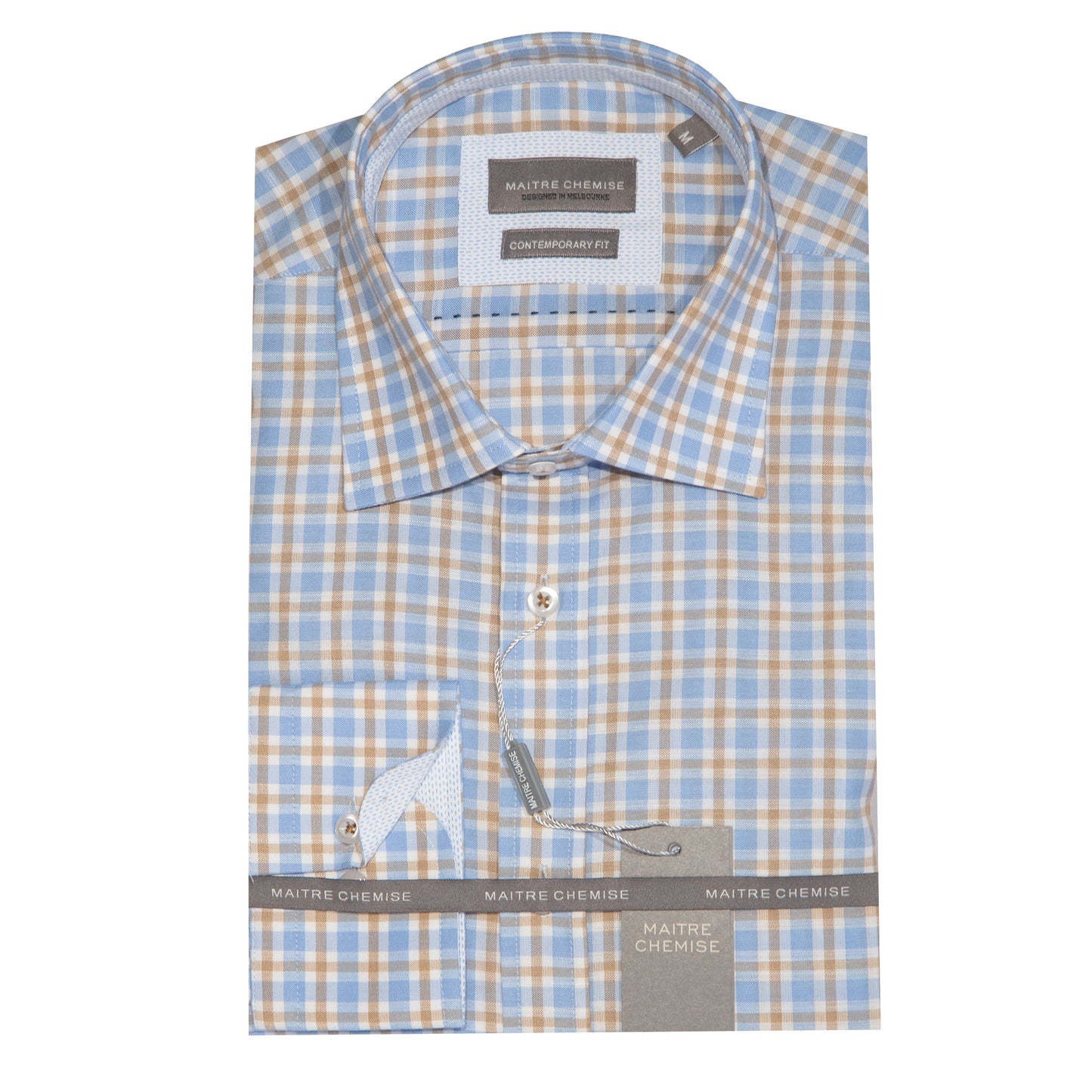 Sky Blue/Tan Cotton Rich Check Long Sleeve Shirt