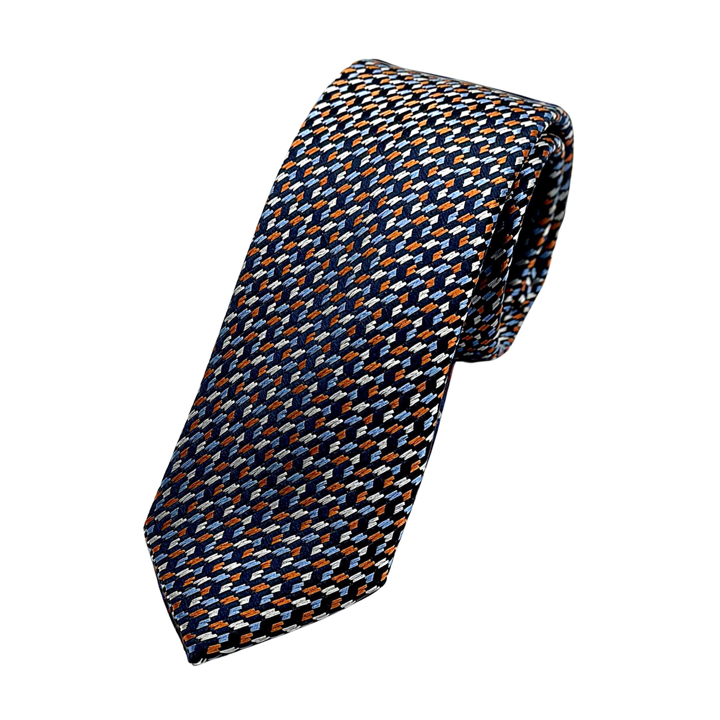 Navy/Orange/Sky Luxury Silk Skinny Neck Tie in Textured Design