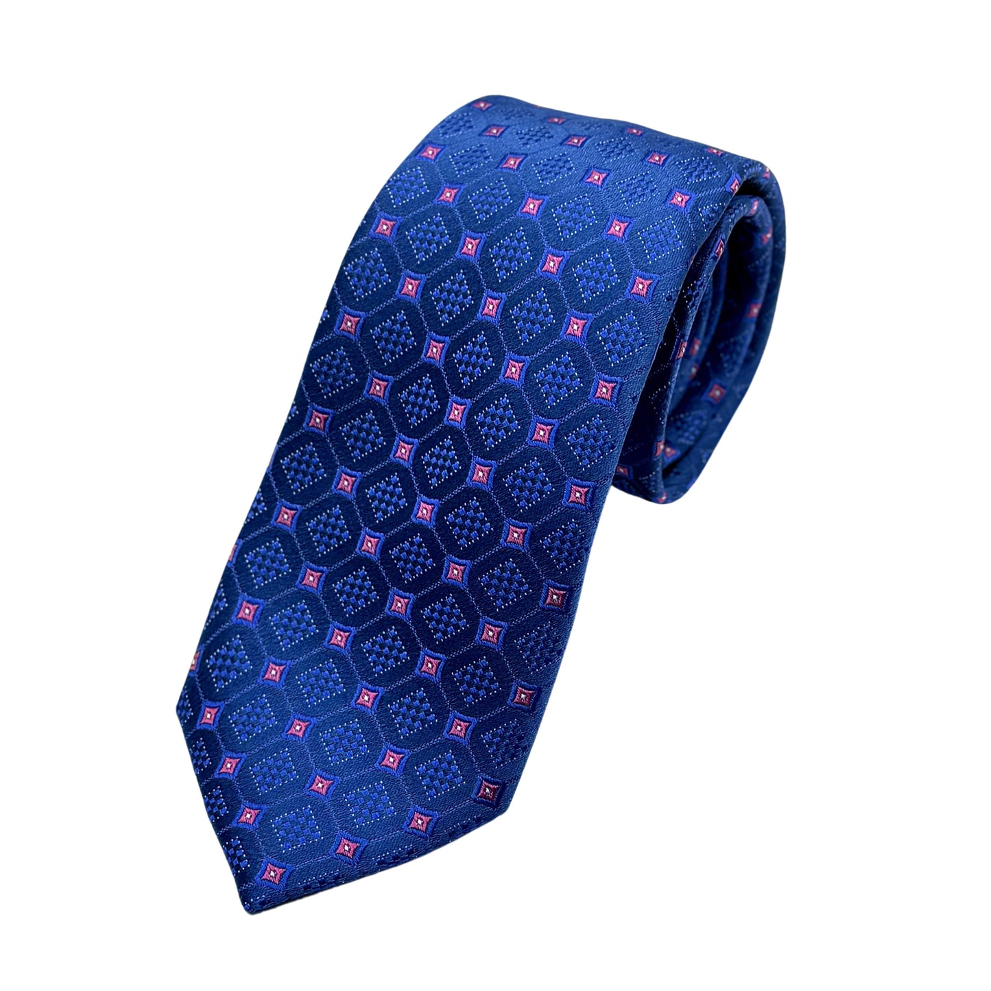 Royal Blue/Pink Mens Luxury Silk Neck Tie in Geometric Weave Design