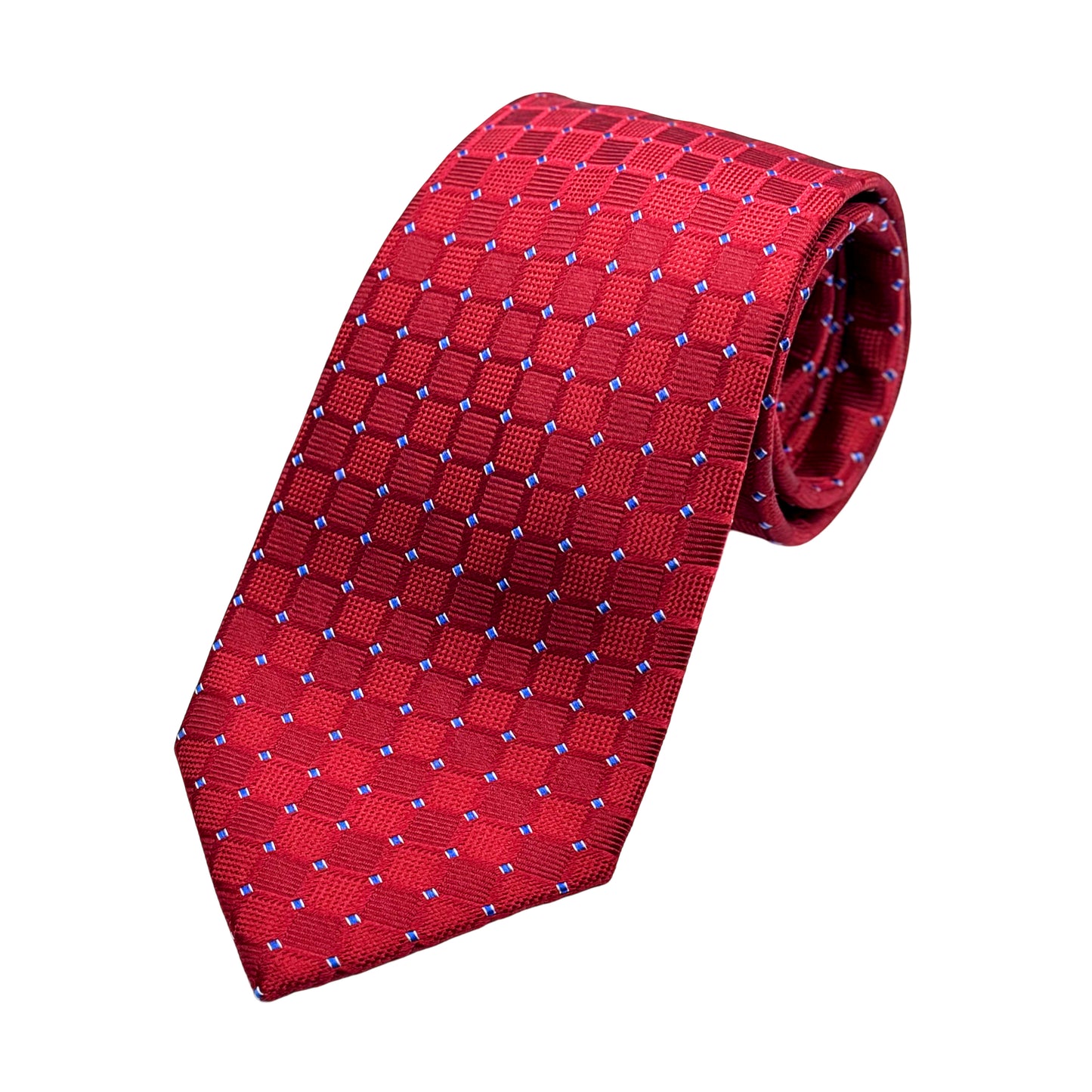 Red Mens Luxury Silk Neck Tie in Textured Spotted Squares Weave Design