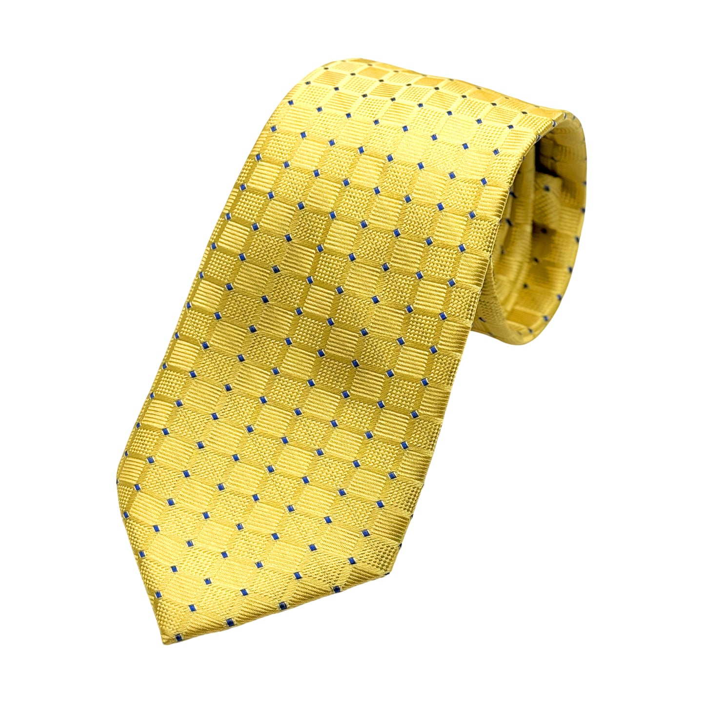Gold Mens Luxury Silk Neck Tie in Textured Spotted Squares Weave Design