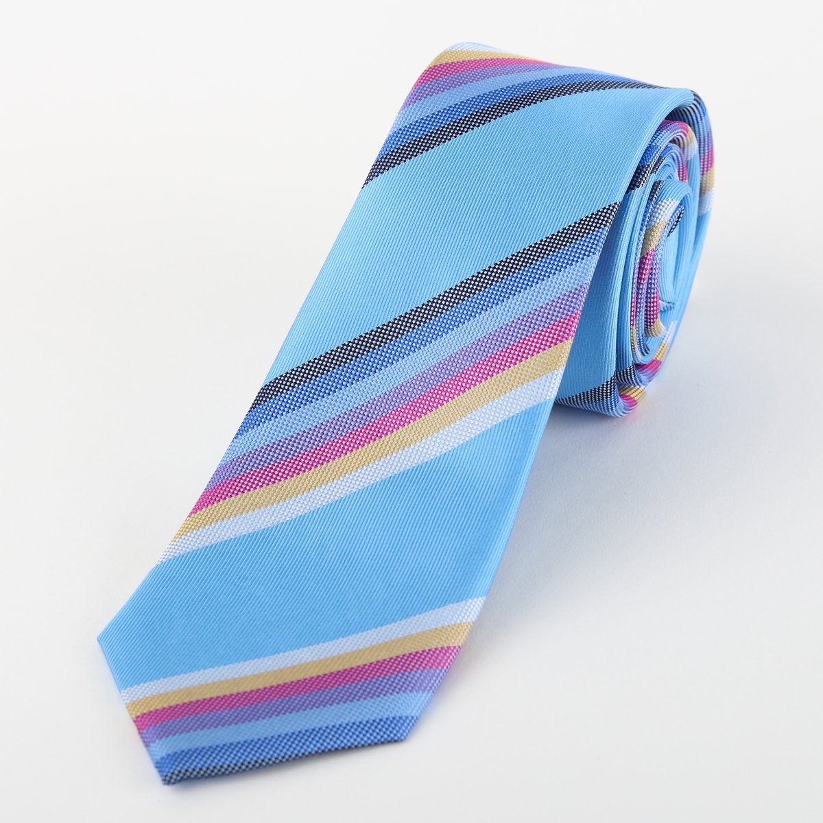 Sky Blue Mens Luxury Silk Neck Tie in Textured Multi Striped Weave Design