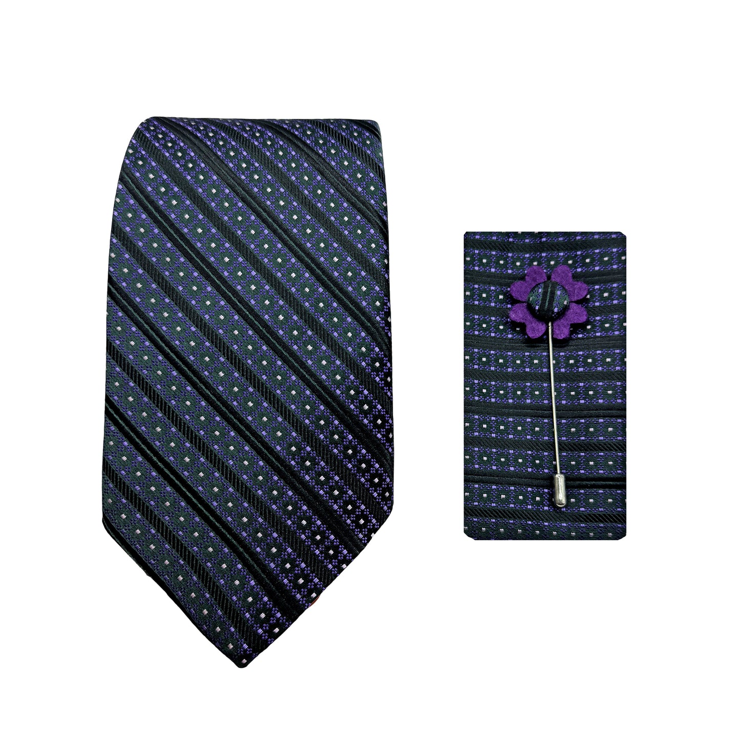 Green/Purple Luxury Geometric Striped 7.5cm Width Tie/Pocket Square/Lapel Pin Combo Sets