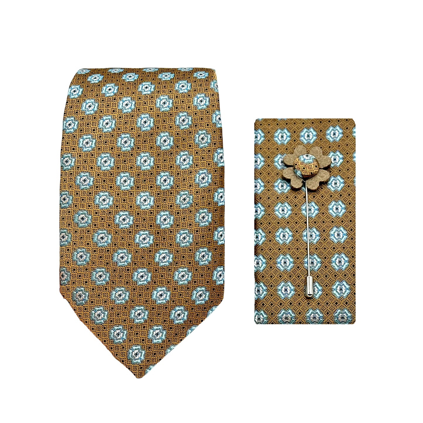 Tan/Turquoise Luxury Geometric Motif Weave 7.5cm Width Tie/Pocket Square/Lapel Pin Combo Sets