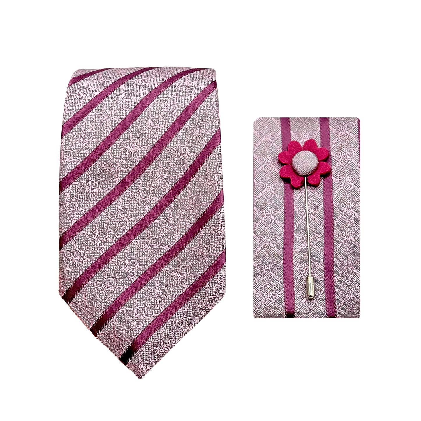 Soft Pink/Pink Luxury Striped Geometric Weave 7.5cm Width Tie/Pocket Square/Lapel Pin Combo Sets