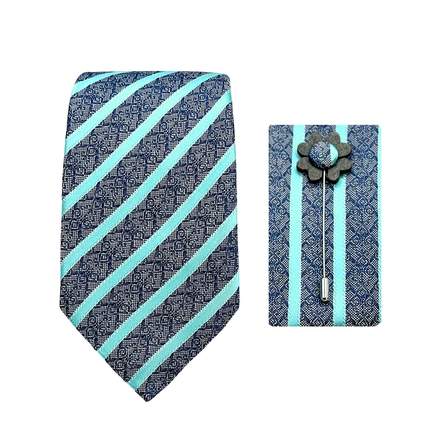 Blue/Aqua Luxury Striped Geometric Weave 7.5cm Width Tie/Pocket Square/Lapel Pin Combo Sets