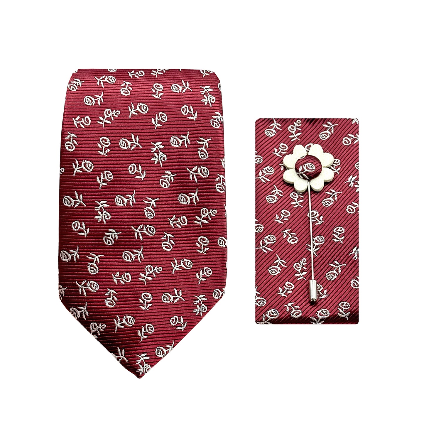 Burgundy/White Luxury Horizontal Twill Floral Motif Weave 7.5cm Width Tie/Pocket Square/Lapel Pin Combo Sets