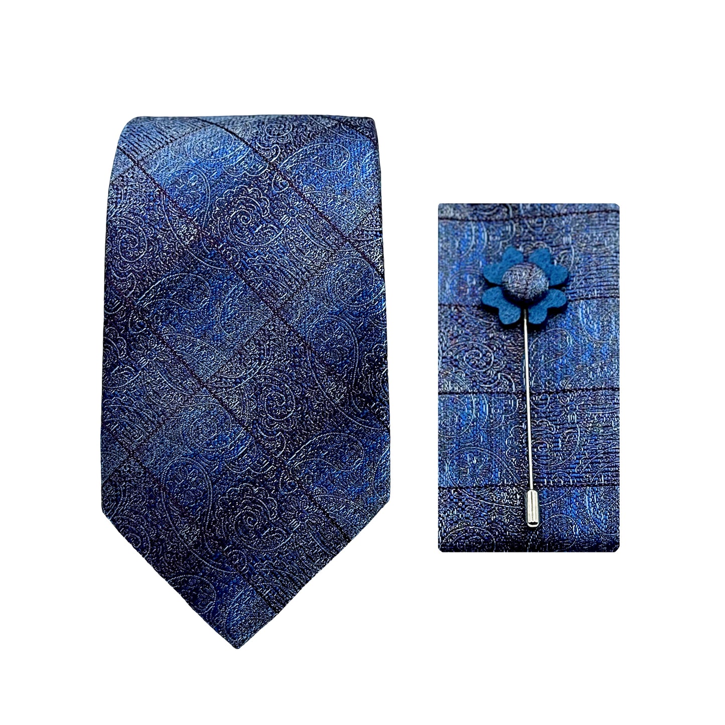 Blue/Burgundy Luxury Paisley Window Pane Check Weave 7.5cm Width Tie/Pocket Square/Lapel Pin Combo Sets