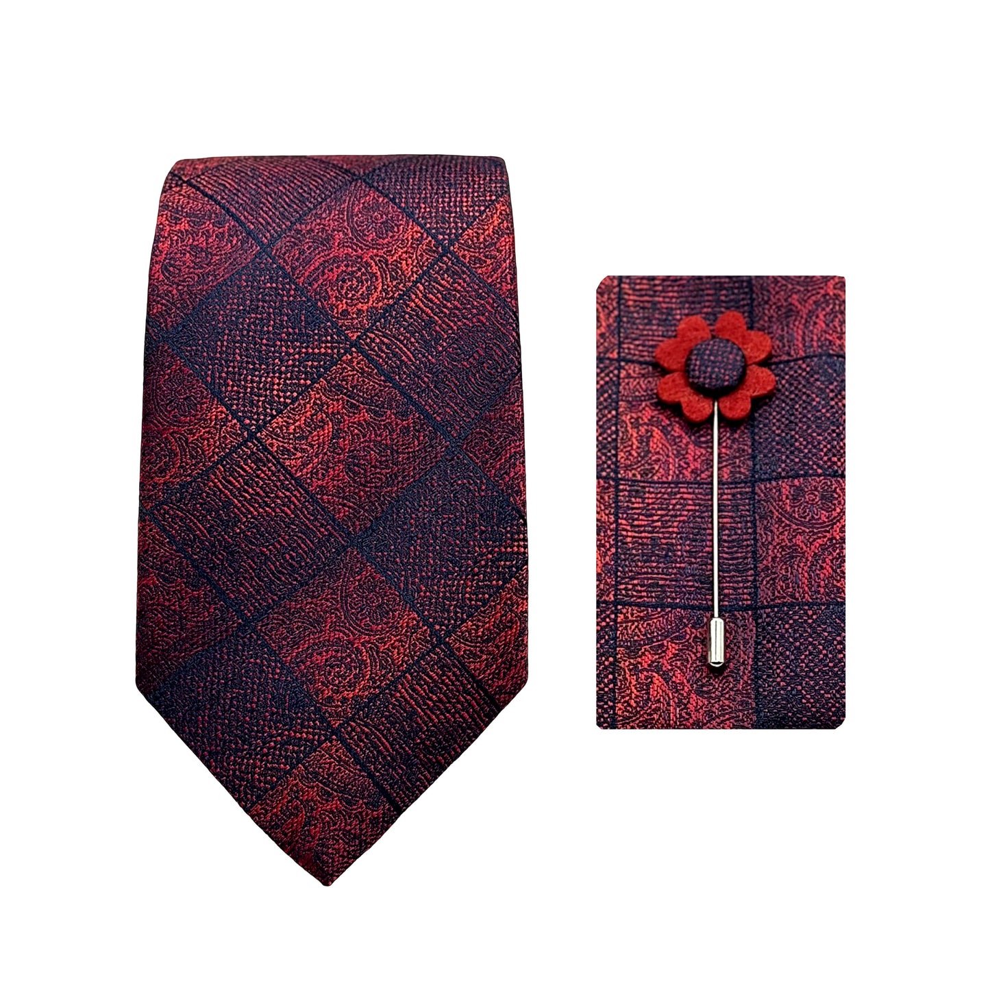 Burgundy/Navy Luxury Paisley Window Pane Check Weave 7.5cm Width Tie/Pocket Square/Lapel Pin Combo Sets
