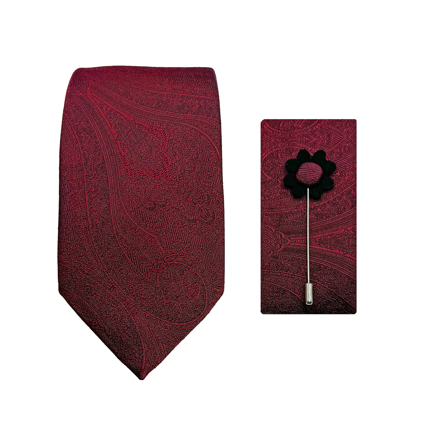 Dark Red Luxury Textured Paisley Weave 7.5cm Width Tie/Pocket Square/Lapel Pin Combo Sets