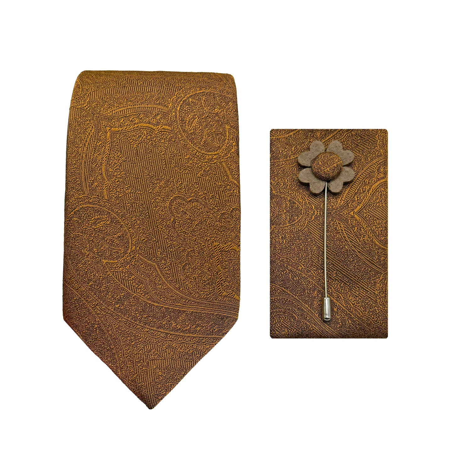 Mustard Luxury Textured Paisley Weave 7.5cm Width Tie/Pocket Square/Lapel Pin Combo Sets