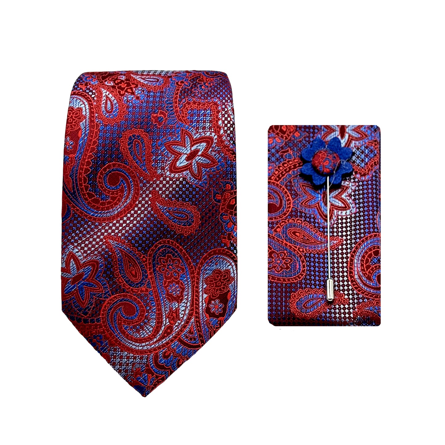 Red Luxury Textured Paisley Weave 7.5cm Width Tie/Pocket Square/Lapel Pin Combo Sets