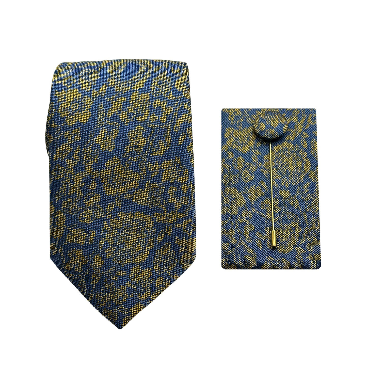 Slate Blue/Gold Luxury Textured Floral Weave 7.5cm Width Tie/Pocket Square/Lapel Pin Combo Set