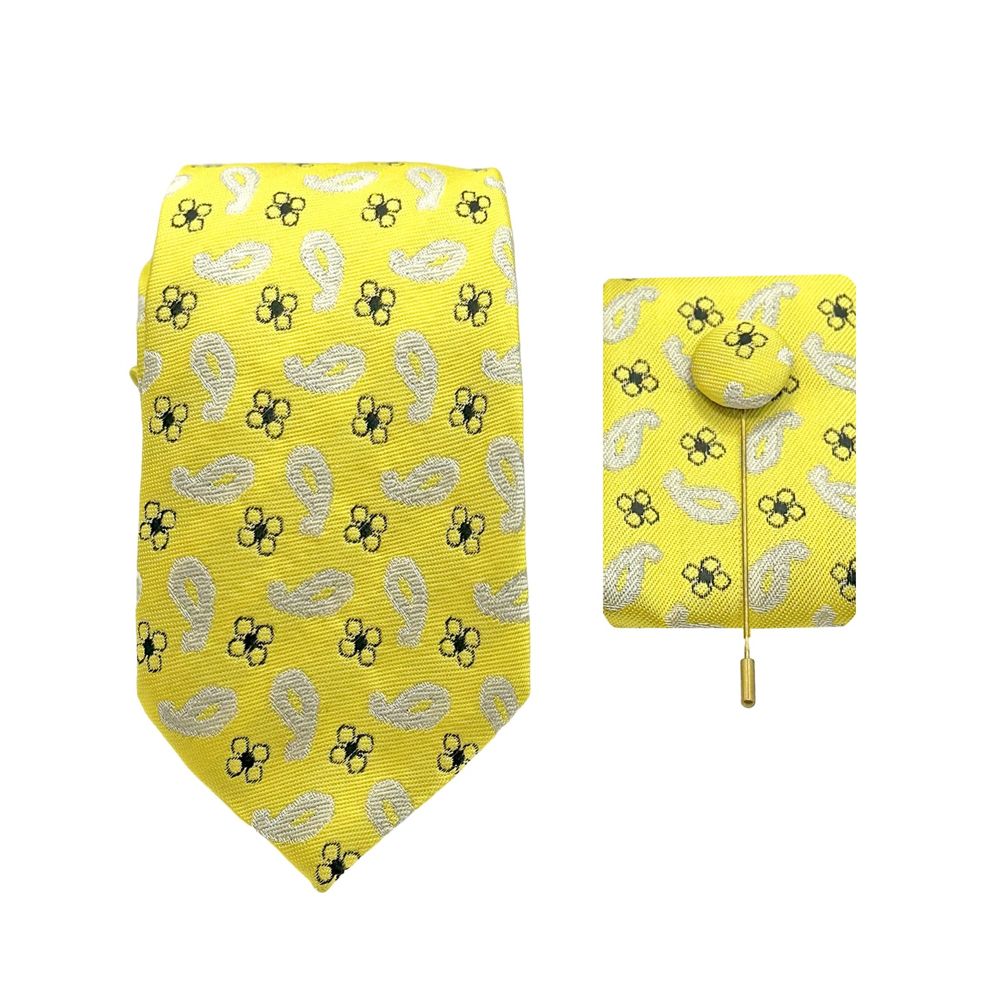 Gold Luxury Paisley Floral Weave 7.5cm Width Tie/Pocket Square/Lapel Pin Combo Set