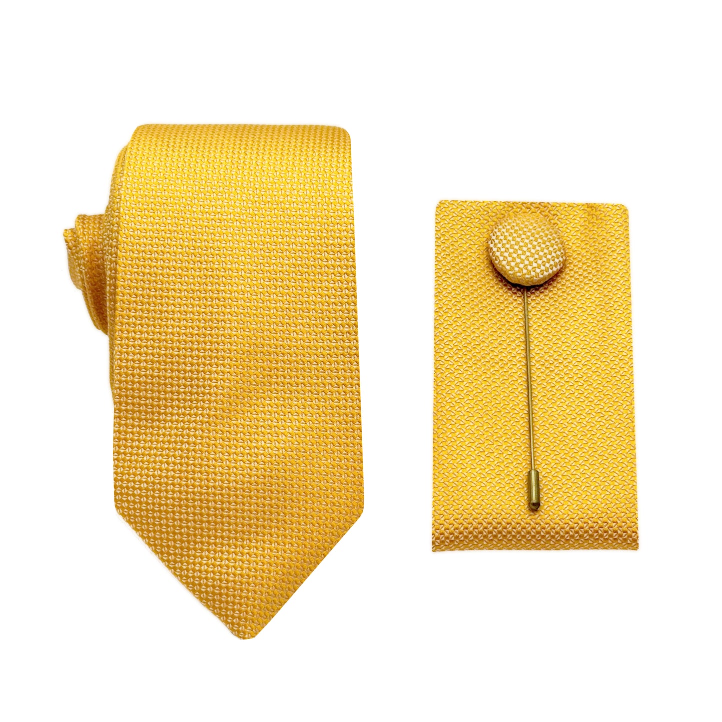 Gold Luxury Textured Weave 6.5cm Width Skinny Tie/Pocket Square/Lapel Pin Combo Set