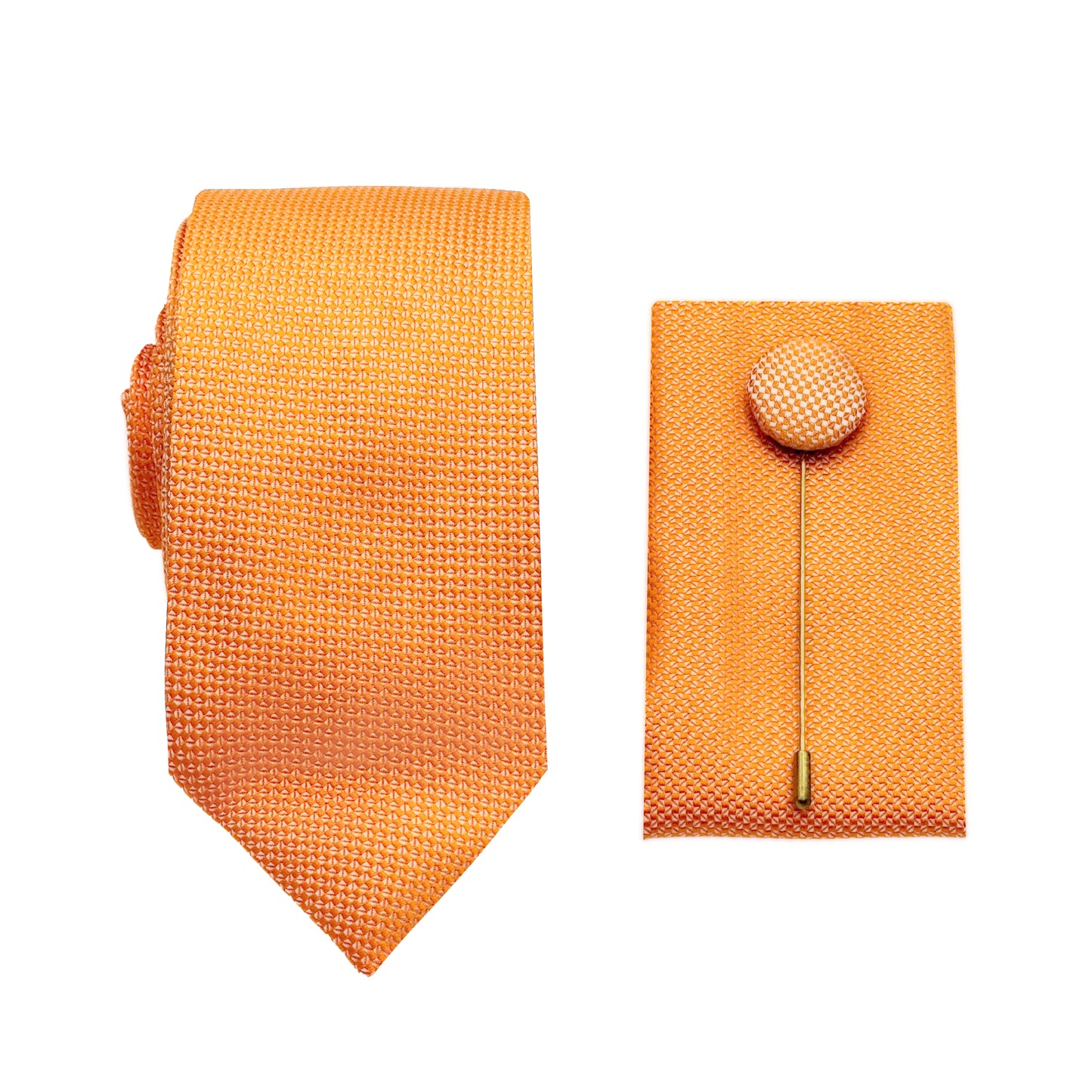 Orange Luxury Textured Weave 6.5cm Width Skinny Tie/Pocket Square/Lapel Pin Combo Set