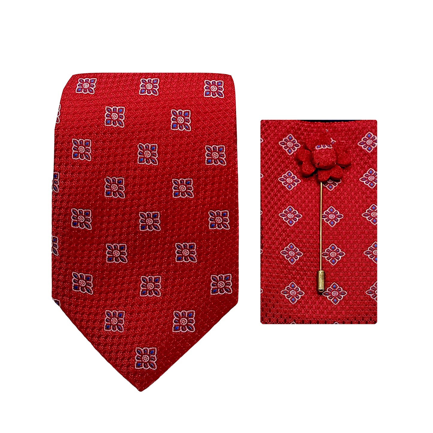 Red Luxury Textured Motif Weave 7.5cm Width Tie/Pocket Square/Lapel Pin Combo Set