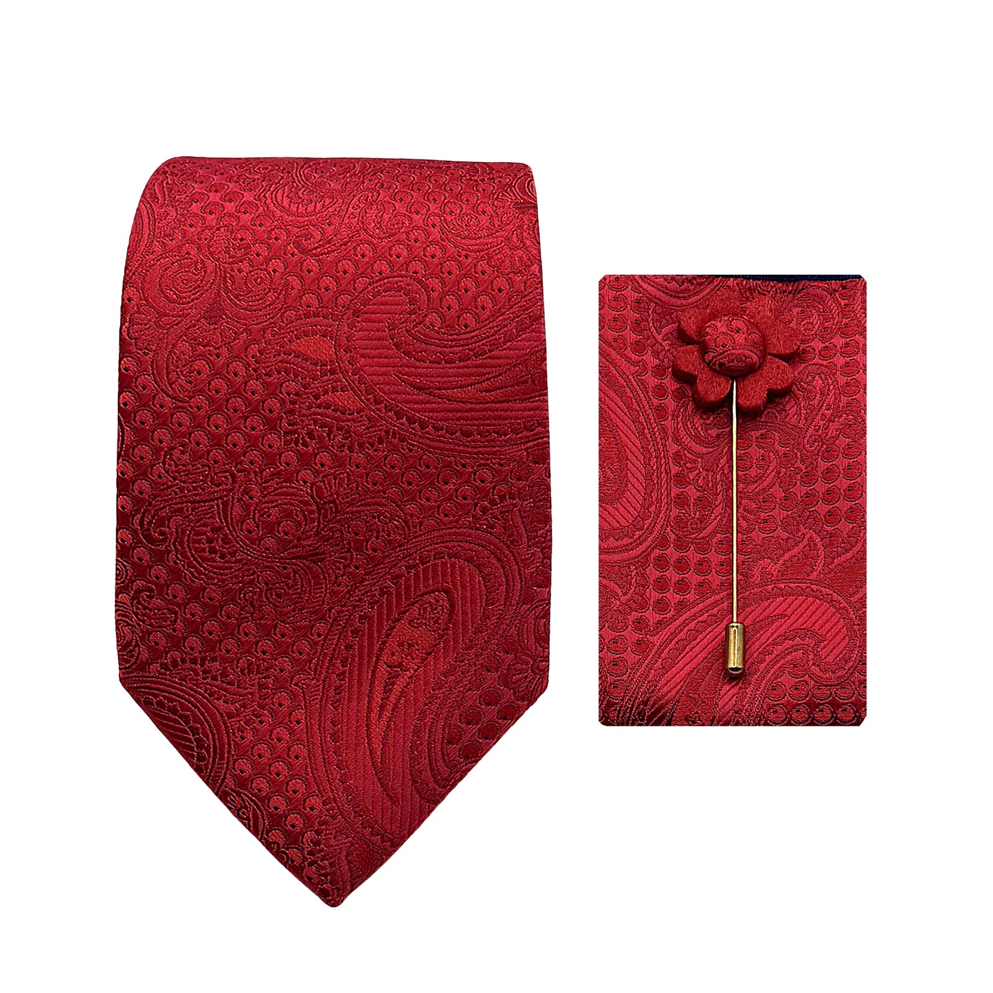 Red Luxury Textured Paisley Weave 7.5cm Width Tie/Pocket Square/Lapel Pin Combo Set