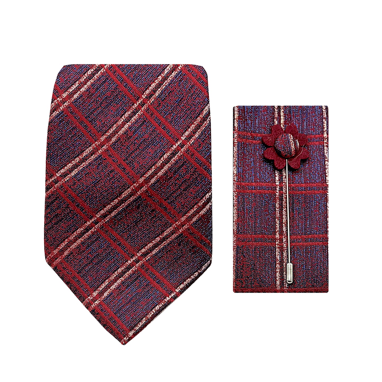 Burgundy Luxury Textured Check Weave 7.5cm Width Tie/Pocket Square/Lapel Pin Combo Sets