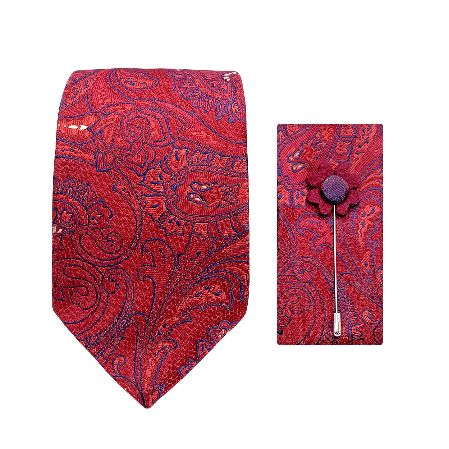 Red Luxury Textured Paisley Weave 7.5cm Width Tie/Pocket Square/Lapel Pin Combo Sets