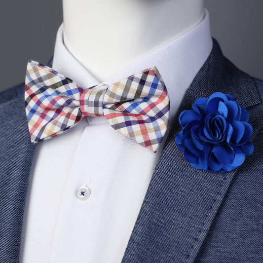 Multicoloured Mini Check Pocket Square, Flower and Bow Tie Combo Set