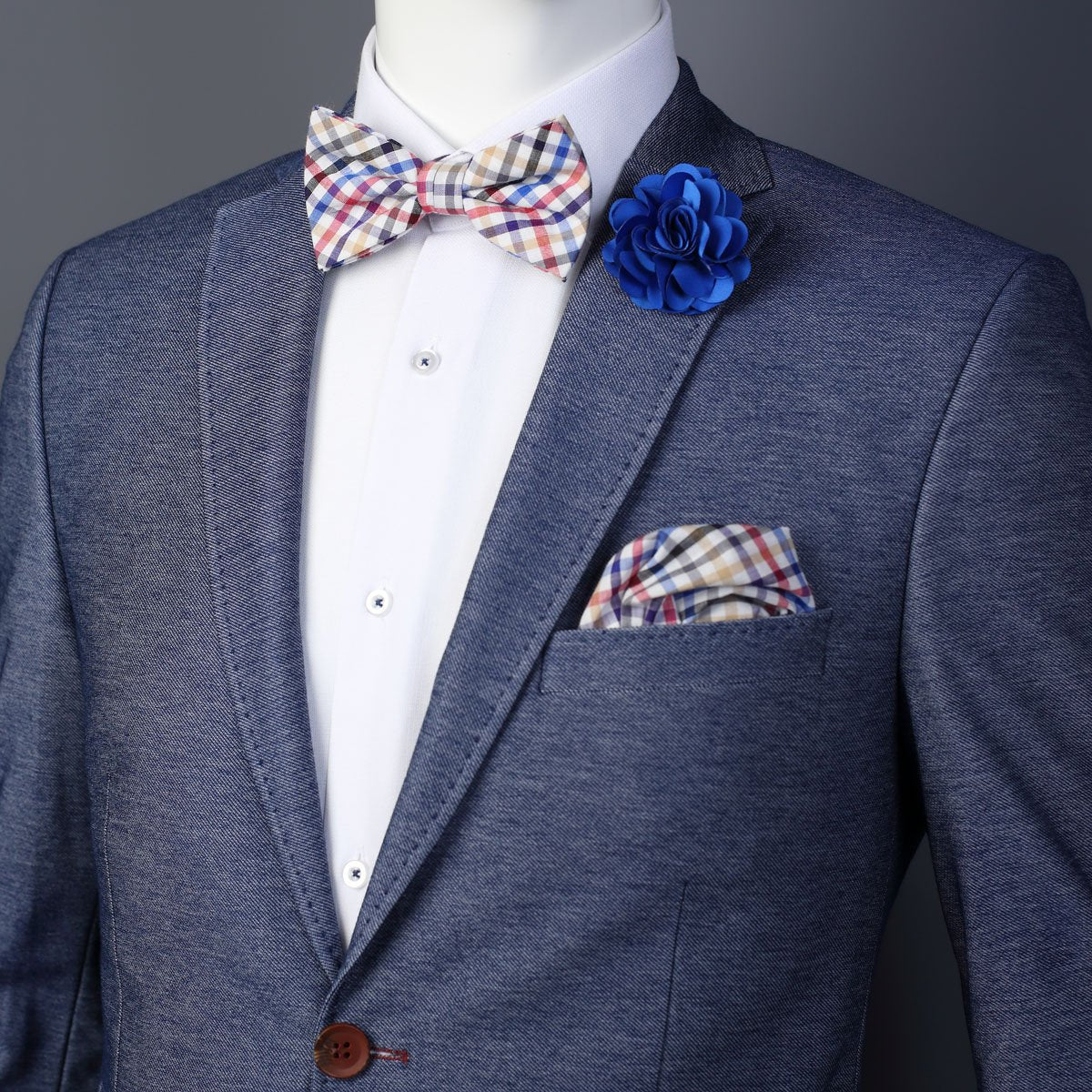 Multicoloured Mini Check Pocket Square, Flower and Bow Tie Combo Set