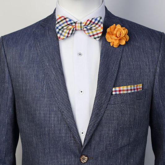 Multicoloured Mini Check Pocket Square, Flower and Bow Tie Combo Set