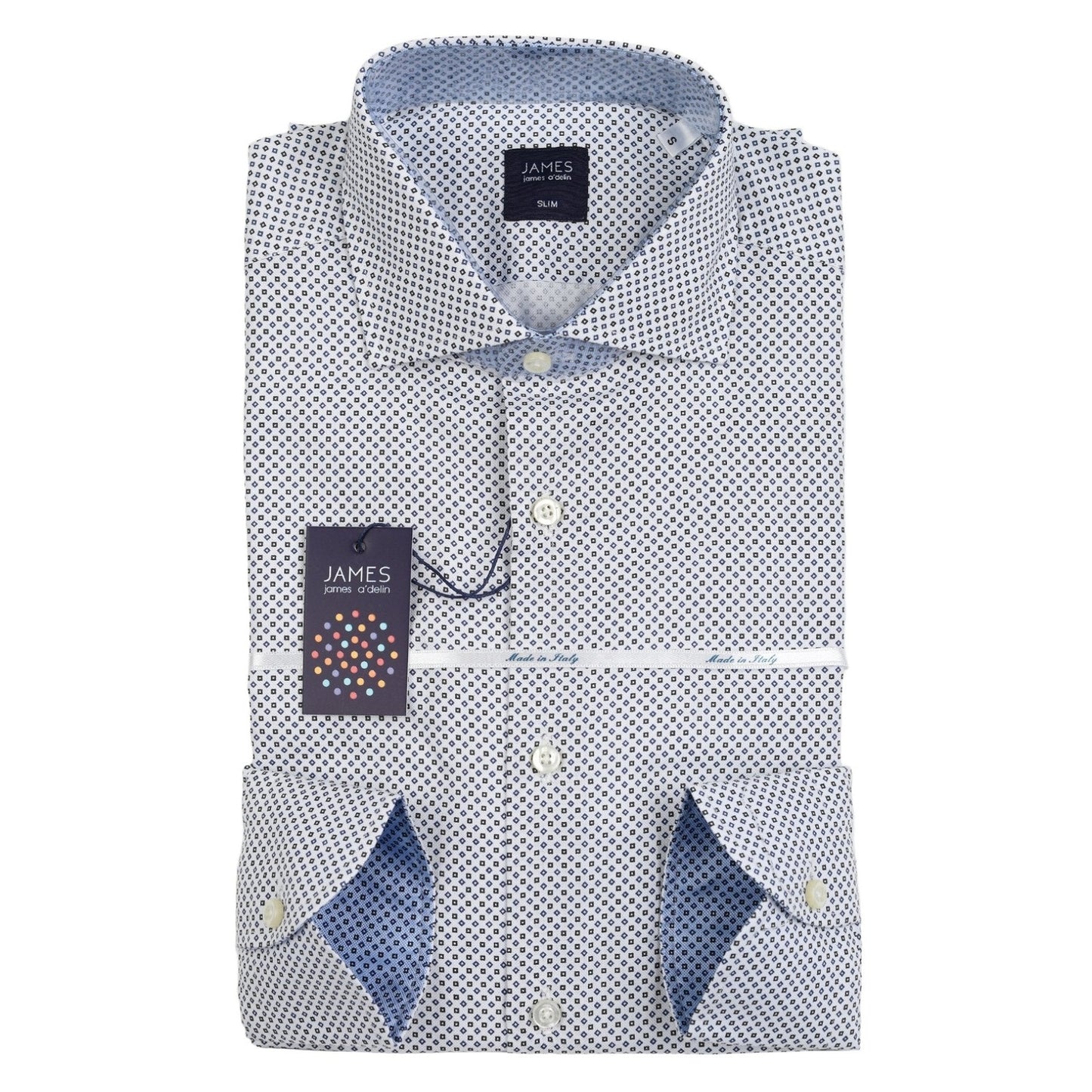 White/Navy Mens Geometric Long Sleeve Italian Shirt