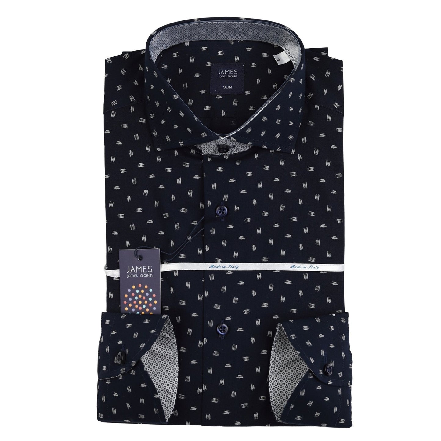 mens long sleeve navy shirt with white geometric print and contrast printed cuffs