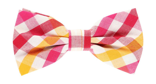 Magenta/Gold/White Check Pocket Square, Flower and Bow Tie Combo Set